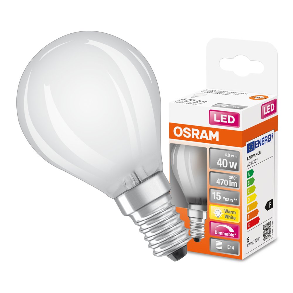 LED žiarovka P45 Ball E14 4,8W = 40W 470lm 2700K Warm 320° Dimmable Retrofit Filament CLASSIC Osram