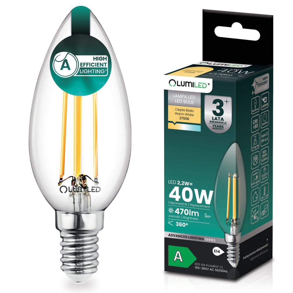E-shop LED žiarovka E14 sviečka B35 2, 2W 470lm = 40W 2700K teplá 360° filament KLASA A LUMILED