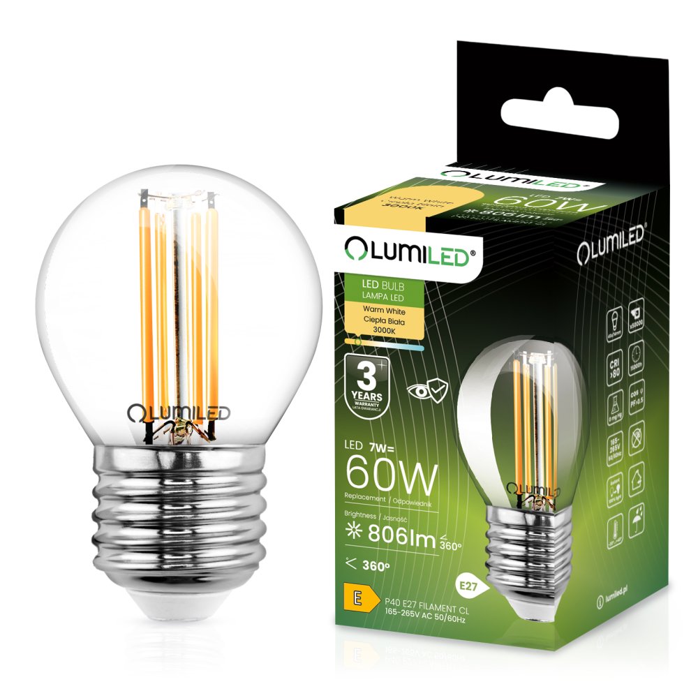 E-shop LED žiarovka E27 P45 Filament 7W = 60W 806lm 3000K Warm 180° LUMILED