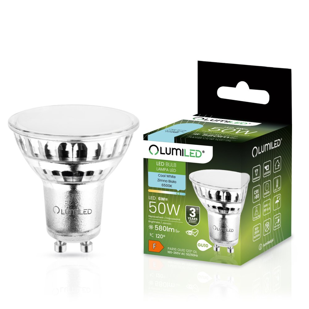 E-shop LED žiarovka GU10 6W = 50W 580lm 6500K Cold 120° Glass LUMILED