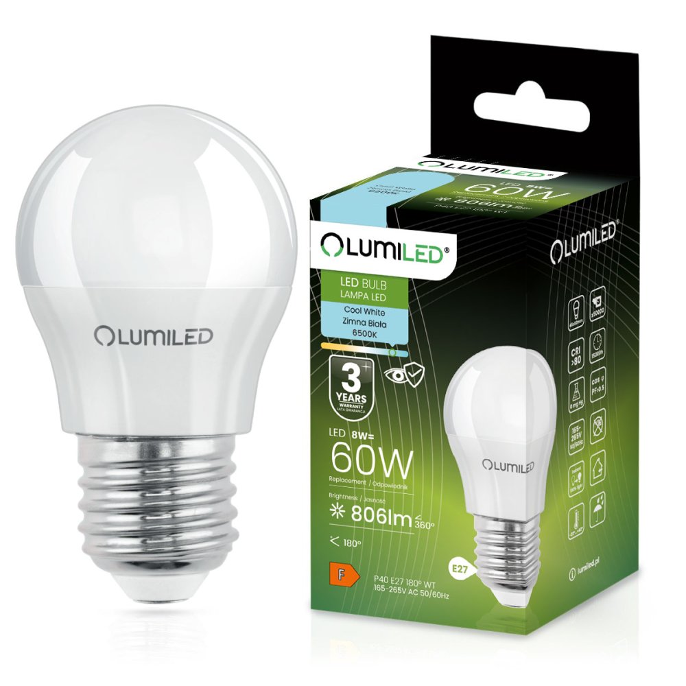 E-shop LED žiarovka E27 P40 8W = 60W 806lm 6500K Cold 180° LUMILED
