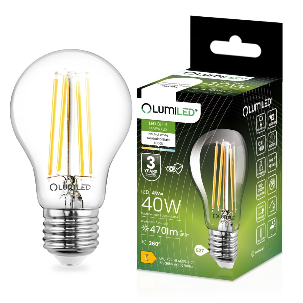 LED žiarovka E27 A60 4W = 40W 470lm 4000lm Neutrálna 360° FILAMENTNÁ ŽIARKA