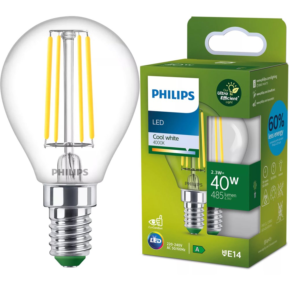 LED žiarovka E14 Ball P45 2,3W = 40W 485lm 210lm/W 4000K Neutral 300° CLASS A UltraEfficient Philips
