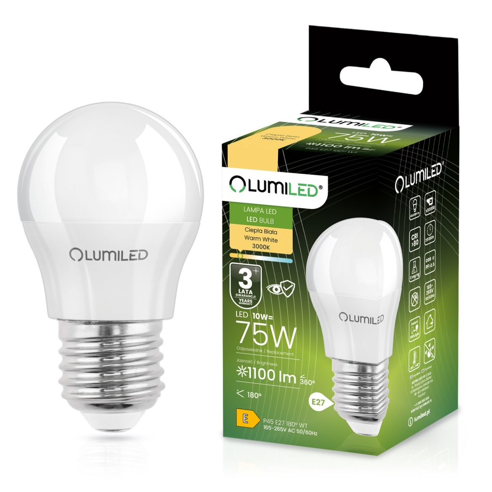 E-shop LED žiarovka E27 guľa P45 10W = 75W 1100lm 3000K teplá 180° LUMILED