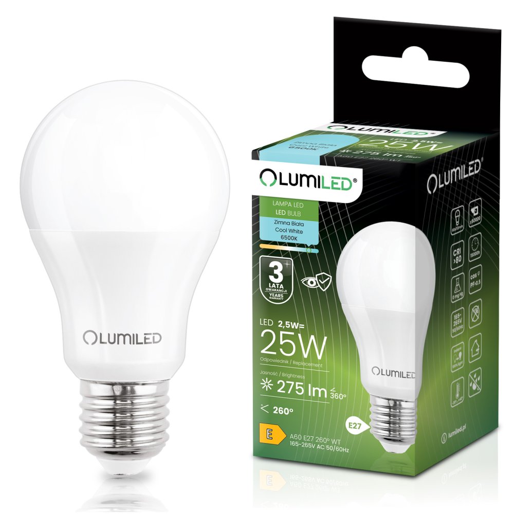 E-shop LED žiarovka E27 A60 2, 5W = 25W 275lm 6500K studená 260° LUMILED