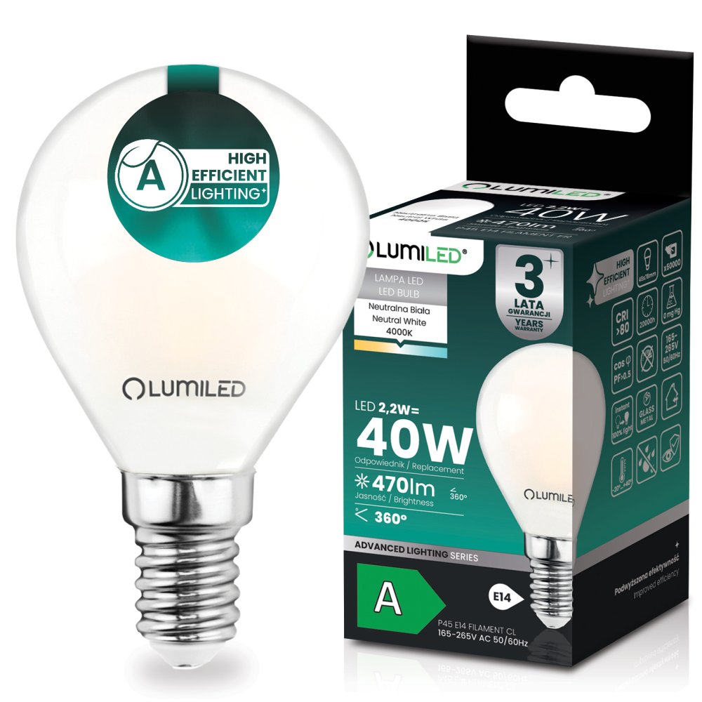 E-shop LED žiarovka E14 guľka P45 2, 2W 470lm = 40W 4000K neutrálna 360° filament KLASA A LUMILED