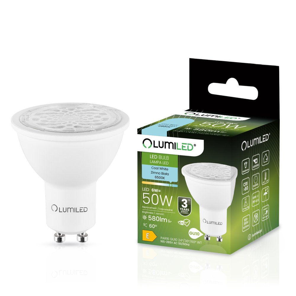E-shop LED žiarovka GU10 6W = 50W 580lm 6500K Studená nastaviteľná 24° 36° 60° LUMILED