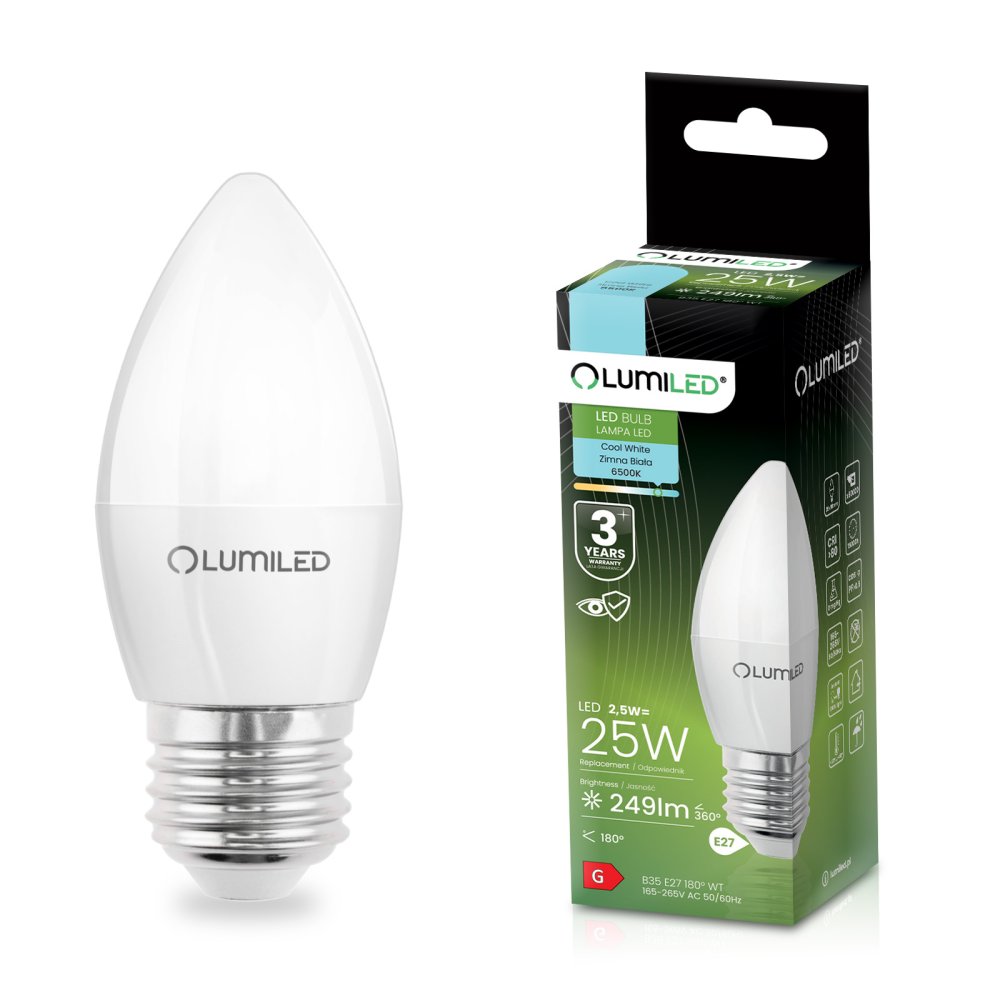 E-shop LED žiarovka E27 B35 2,5W = 25W 249lm 6500K Cold 180° LUMILED