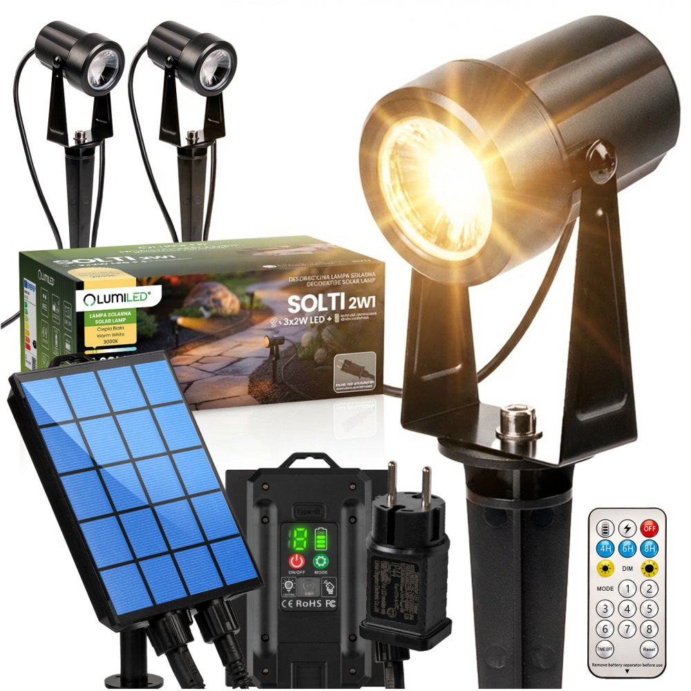 E-shop Solárna zapichovacia lampa záhradná 3x LED 3000K reflektor 11m + diaľkové ovládanie SOLTI LUMILED
