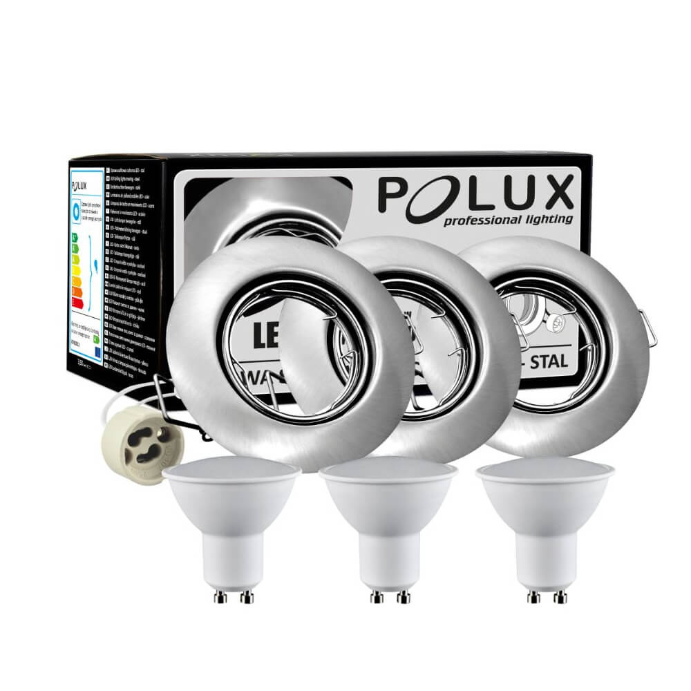 Sada 3x GOLDLUX (Polux) okrúhle niklové halogénové svietidlo + LED GU10 3,5W žiarovka