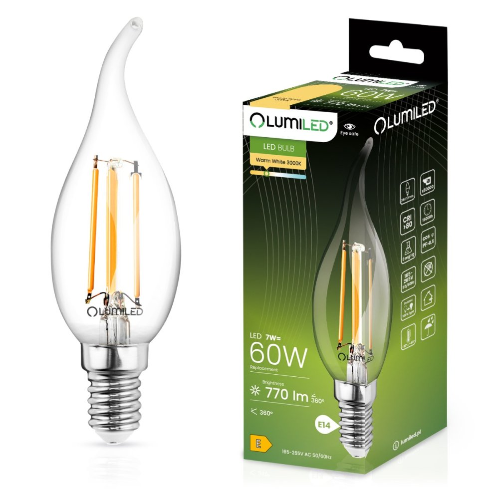 Dekoratívna LED žiarovka E14 BA35 7W = 60W 770lm 3000K Teplá 360° Dekoratívny plameň LUMILED