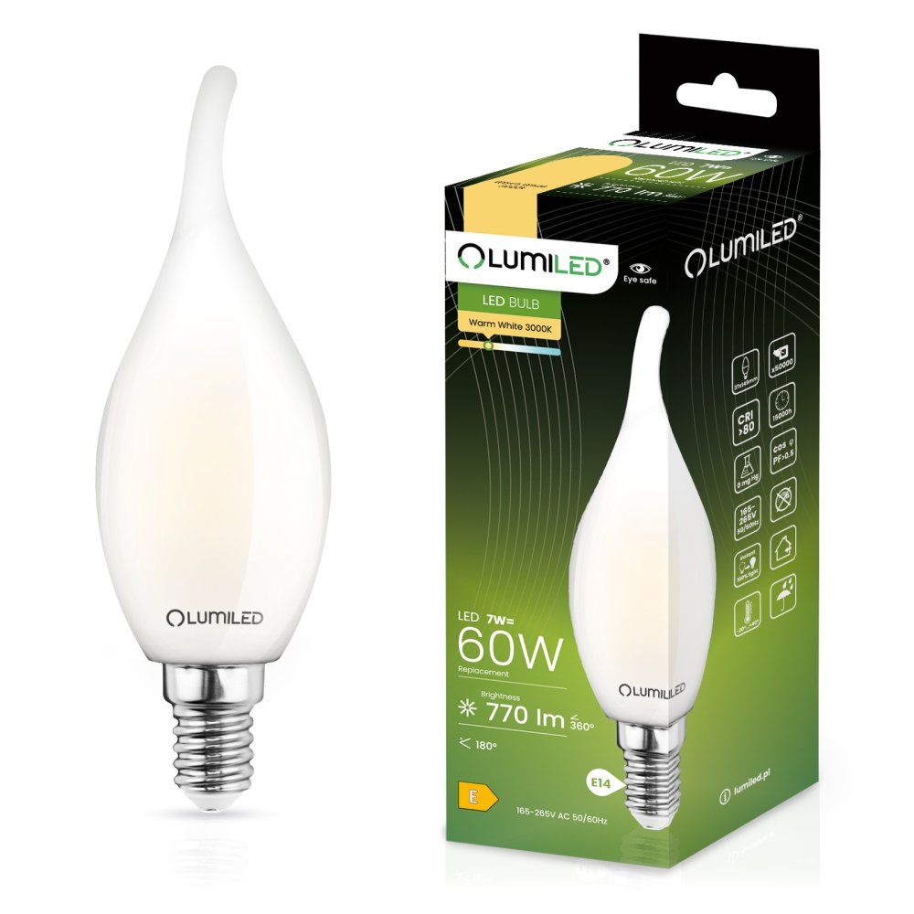 LED žiarovka Flame BA35 E14 7W = 60W 770lm 3000K Teplé 360° vlákno Milk LUMILED