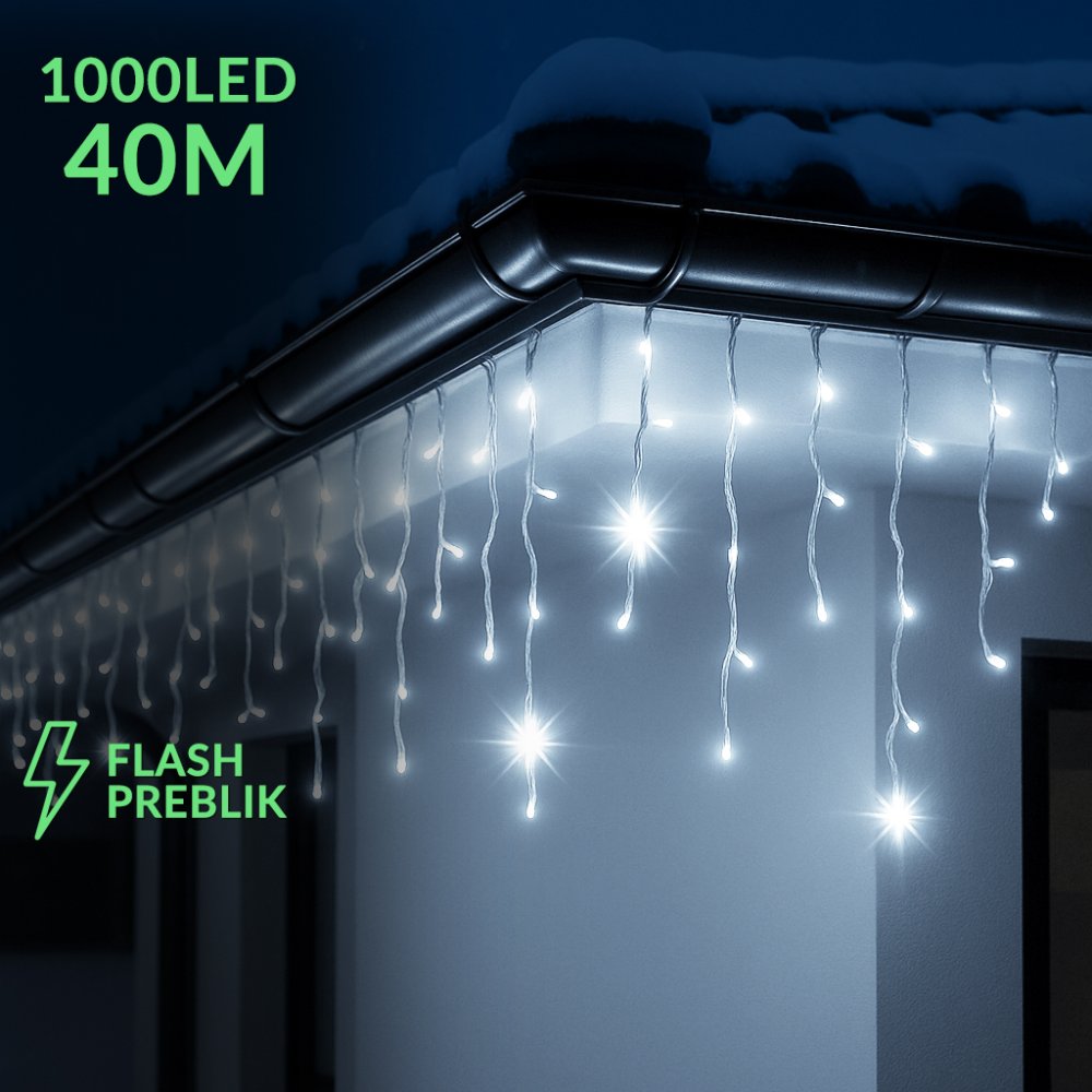 Vianočná led svetelná záclona vonkajšia flash - 1000led - 40m - studená biela / studená biela