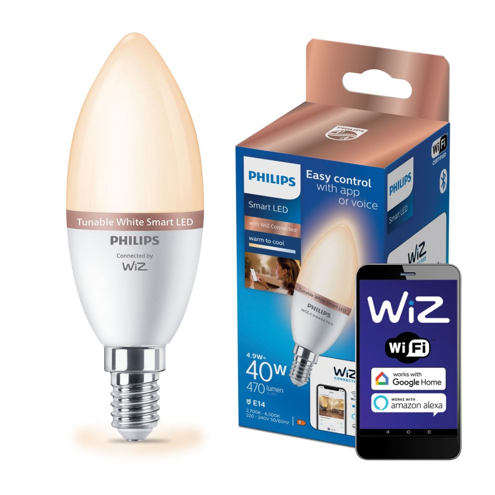 LED žiarovka E14 Candle C37 4,9W = 40W 470lm 2700-6500K TW Smart SMART WiFi Bluetooth App WiZ Philips
