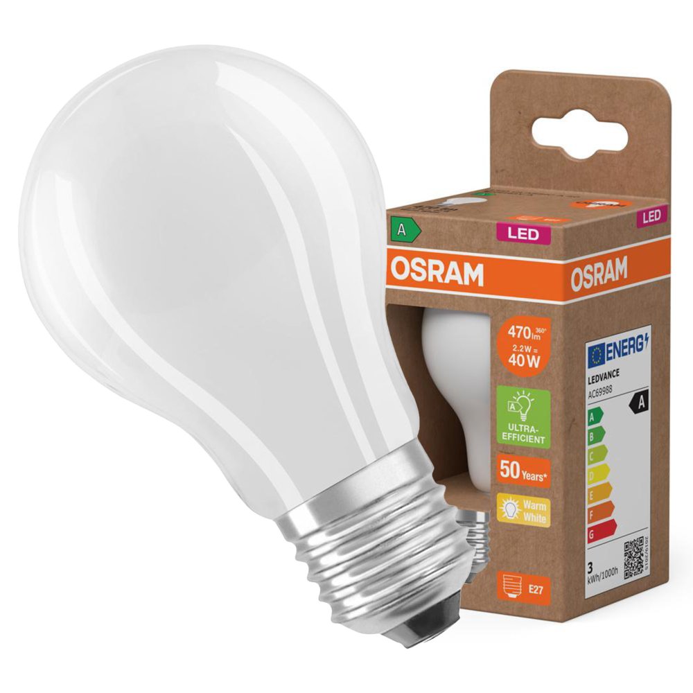 LED žiarovka A60 E27 2,2W = 40W 470lm 2700K Teplé 300° vlákno CLASSIC ENERGETICKÁ ÚSPORNOSŤ Osram