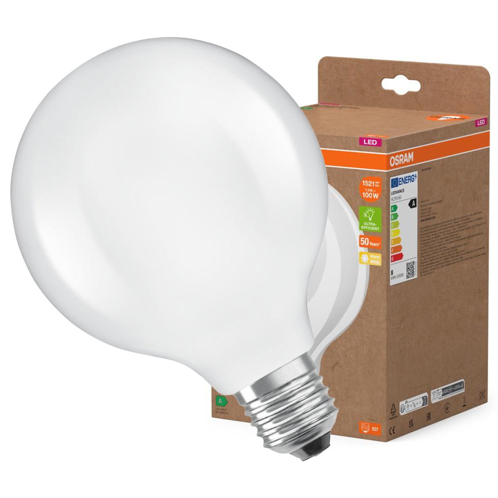 LED žiarovka G125 Sphere E27 7,2W = 100W 1521lm 2700K Warm 330° Filament CLASSIC ENERGETICKÁ ÚSPORNOSŤ Osram