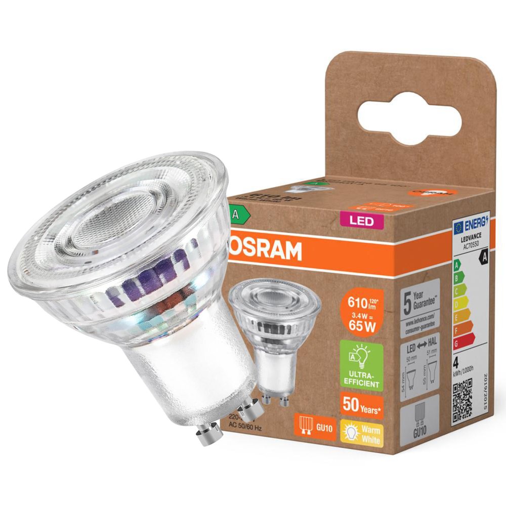 LED žiarovka PAR16 Reflektor GU10 3,3W = 65W 600lm 2700K Teplá 100° 182lm/W ENERGETICKÁ ÚČINNOSŤ Osram