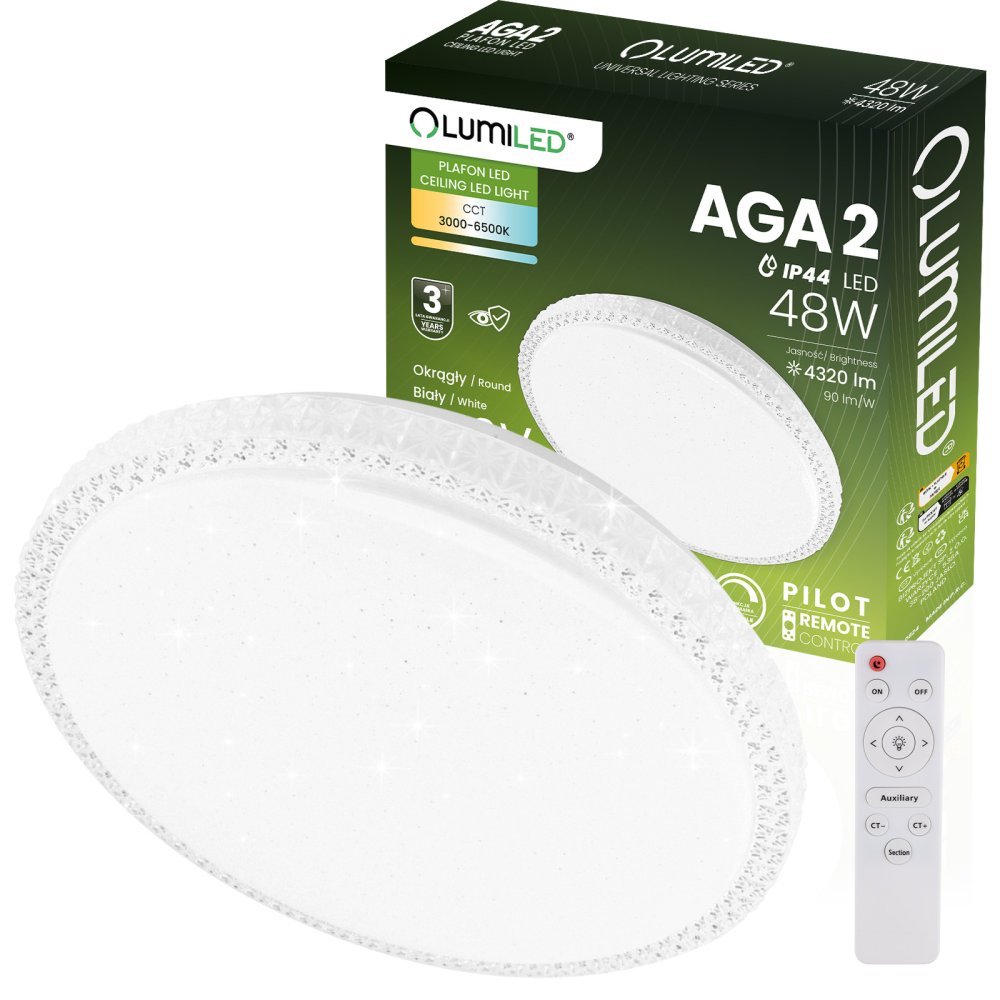 LED stropný plafón AGA2 48W IP44 CCT biely okrúhly 40cm + LUMILED PILOT