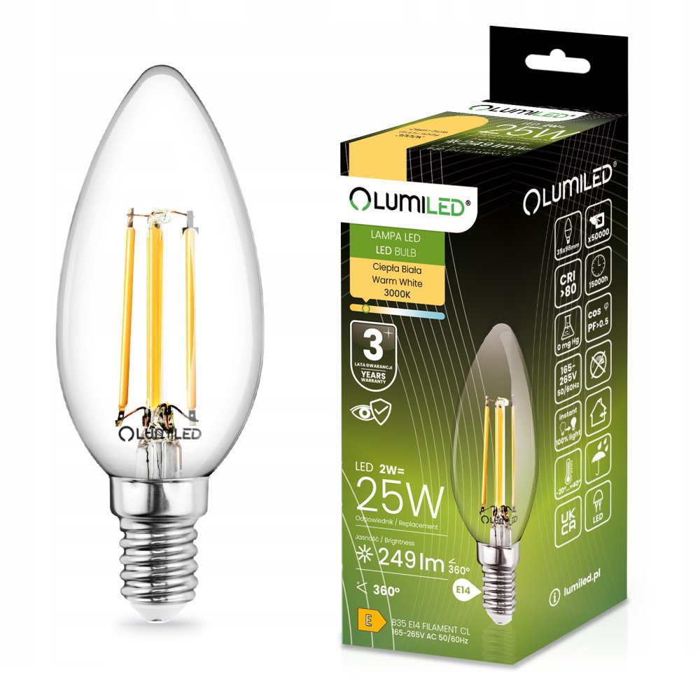 LED žiarovka E14 Candle B35 2W = 25W 249lm 3000K Warm 360° FILAMENT LUMILED