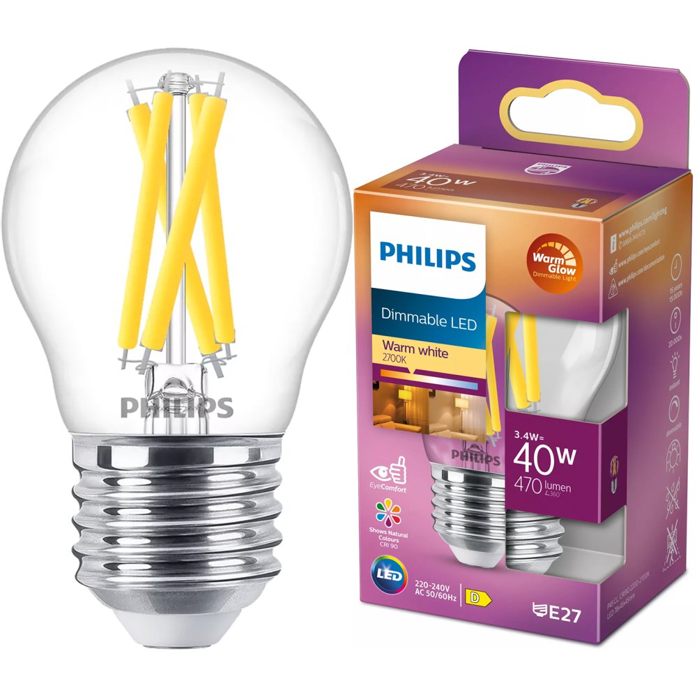 LED žiarovka E27 Ball P45 3,4W = 40W 470lm 2200-2700K Warm CRI90 FILAMENT Dimmable WarmGlow Philips