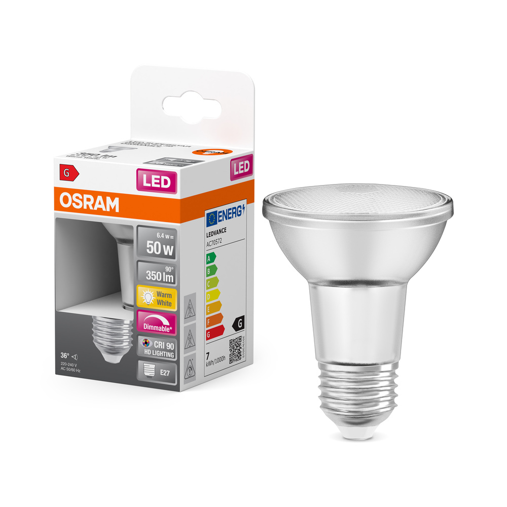LED PAR20 reflektor E27 6,4W = 50W 350lm 2700K teplý CRI90 36° stmievateľný SUPERSTAR Osram