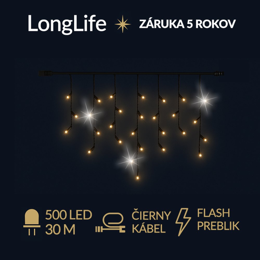 LongLife led svetelná záclona vonkajšia flash - 500led - 30m teplá biela / flash prebliknutie studená biela