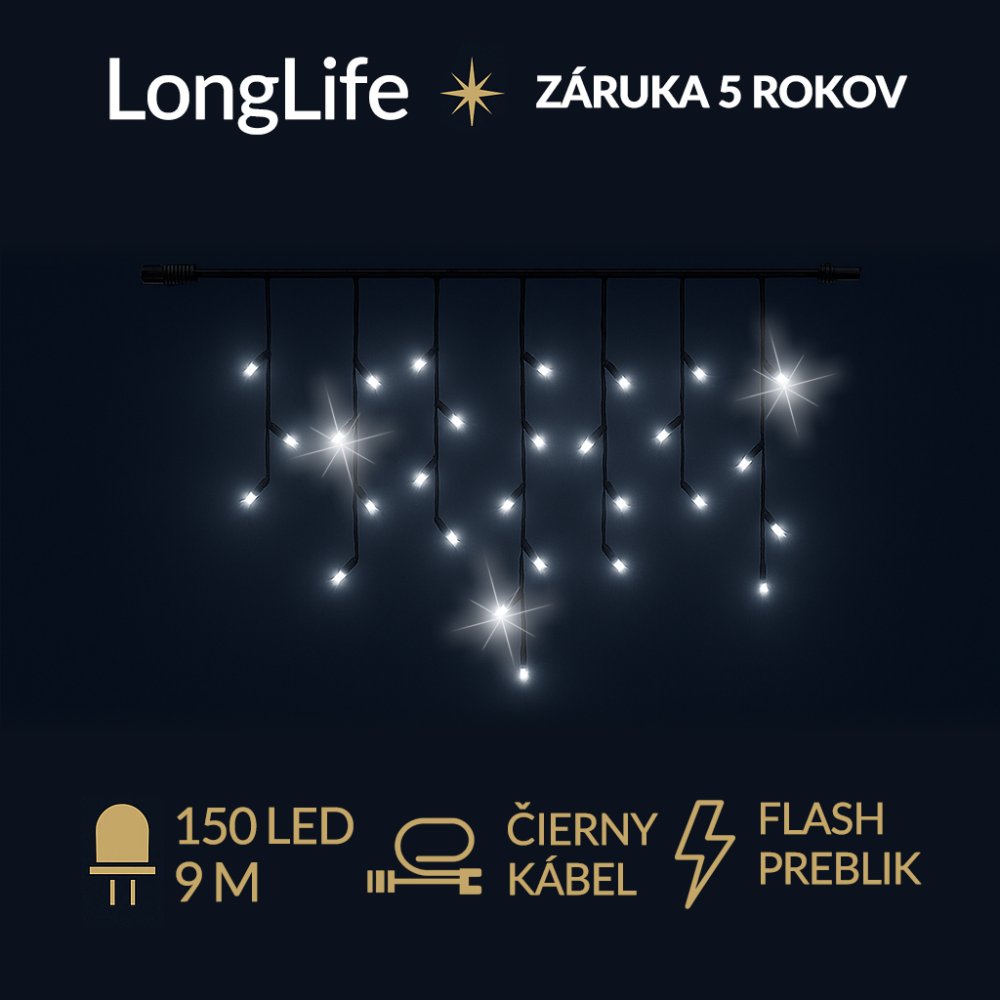 LongLife led svetelná záclona vonkajšia flash - 150led - 9m studená biela / flash prebliknutie studená biela - čierny kábel