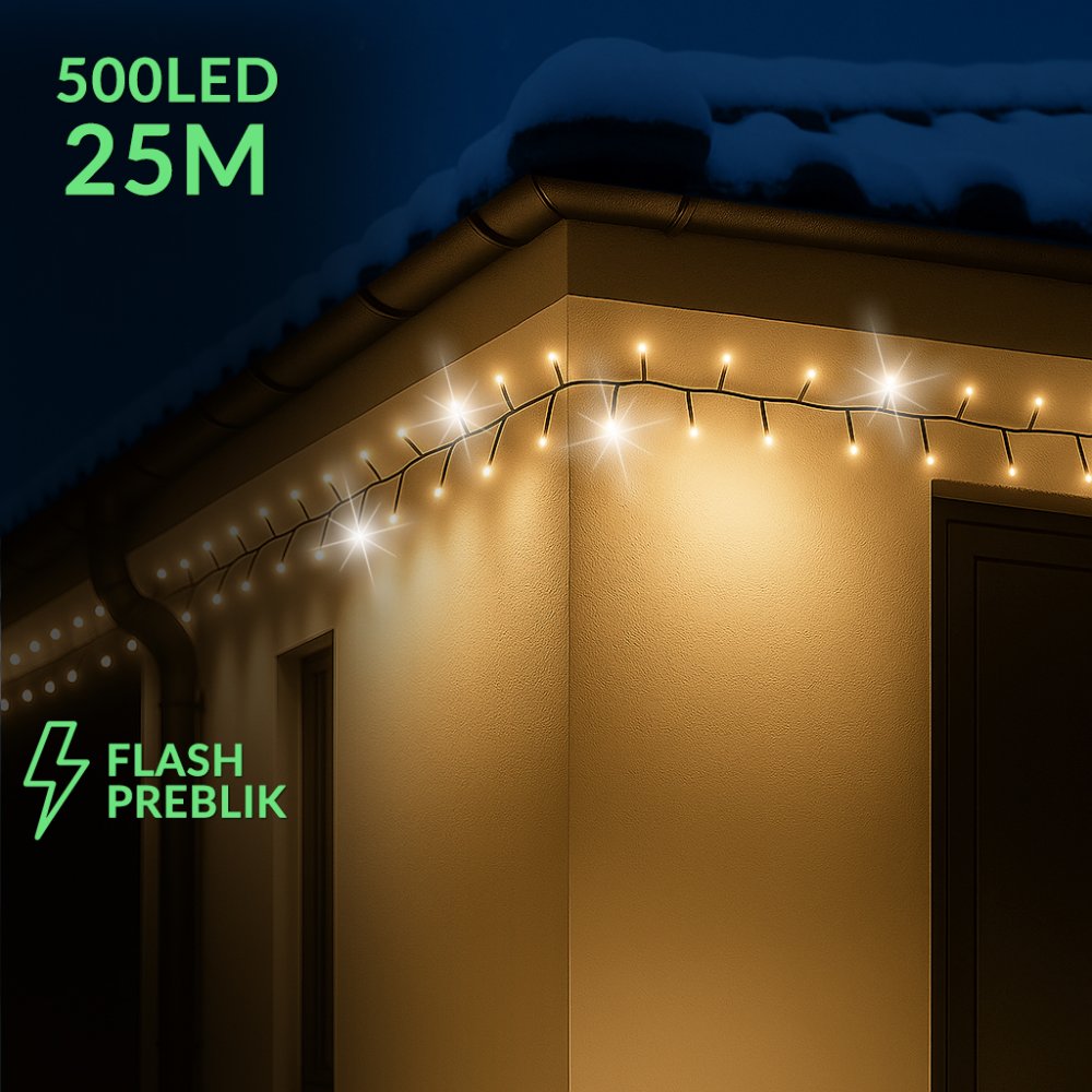 Vianočná led svetelná reťaz vonkajšia FLASH - 500led - 25m - teplá biela / studená biela