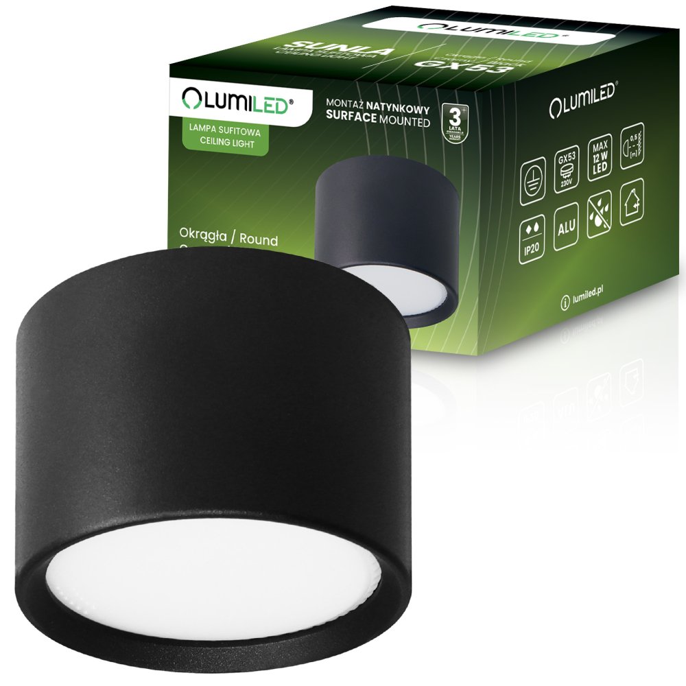 E-shop Stropné nástenné svietidlo halogénové SUNLA tuba GX53 LED spot valec čierna LUMILED