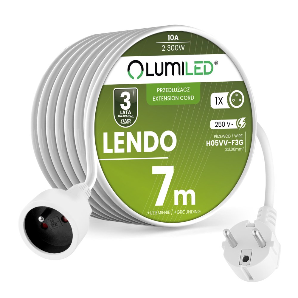 E-shop Sieťový predlžovací kábel s uzemnením napájacia lišta 1 zásuvka 7m biely šnúra Lendo Lumiled