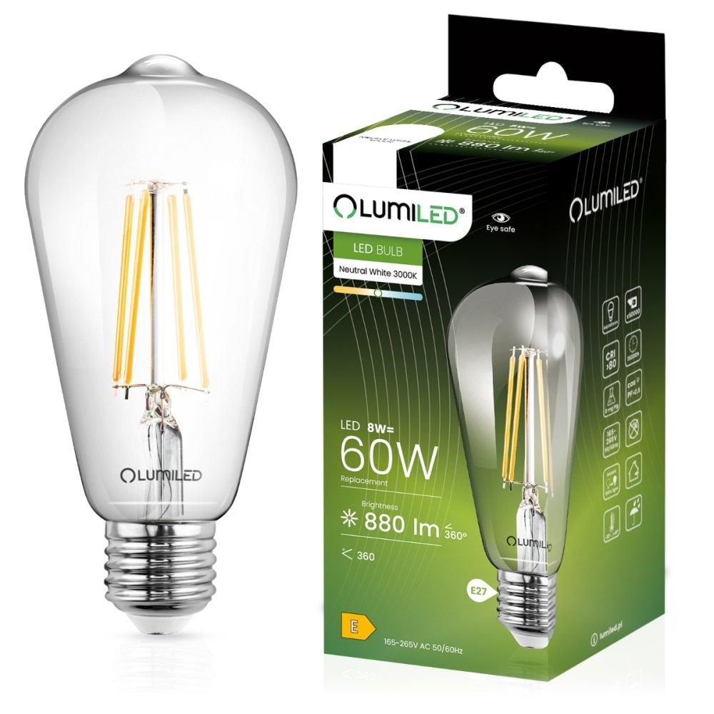 E-shop LED žiarovka E27 ST64 8W = 60W 880lm 3000K Warm 360° Filament LUMILED
