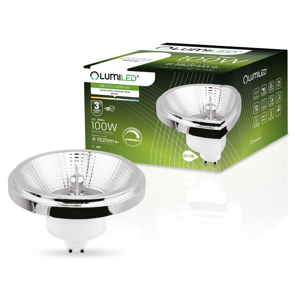 E-shop LED žiarovka GU10 ES111 15W = 100W 1521lm 4000K Neutrálna 38° Stmievateľná LUMILED