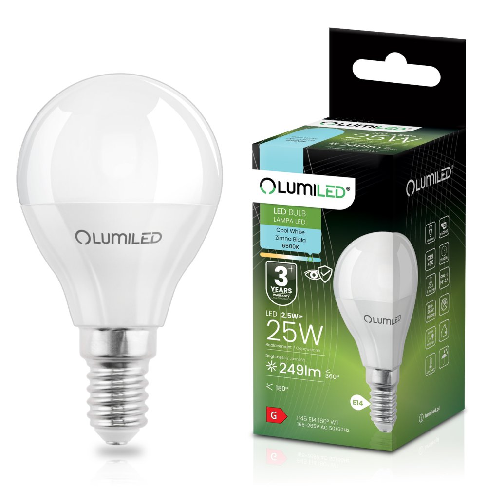 E-shop LED žiarovka E14 P40 2,5W = 25W 249lm 6500K Cold 180° LUMILED