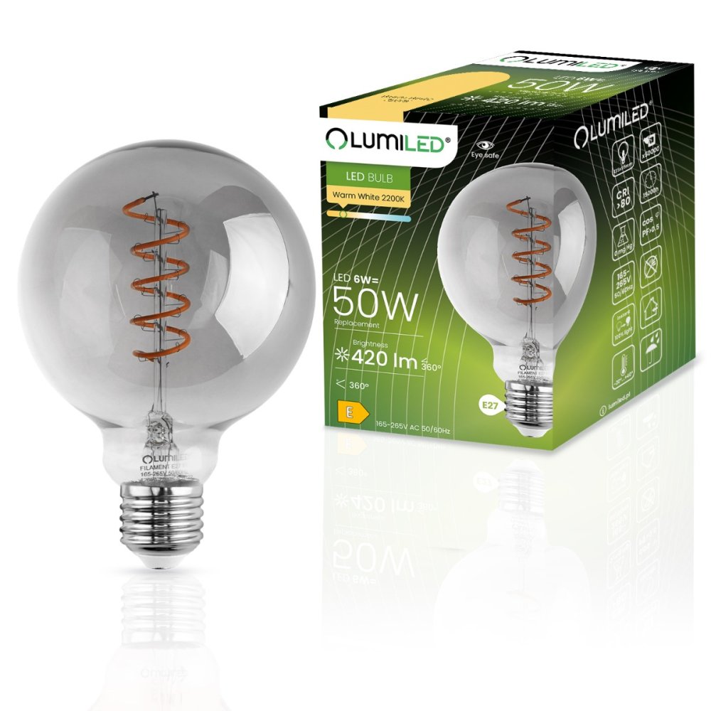 Dekoratívna LED žiarovka E27 G95 6W = 50W 420lm 2200K Teplé 360° vlákno LUMILED GLOBE Smokey