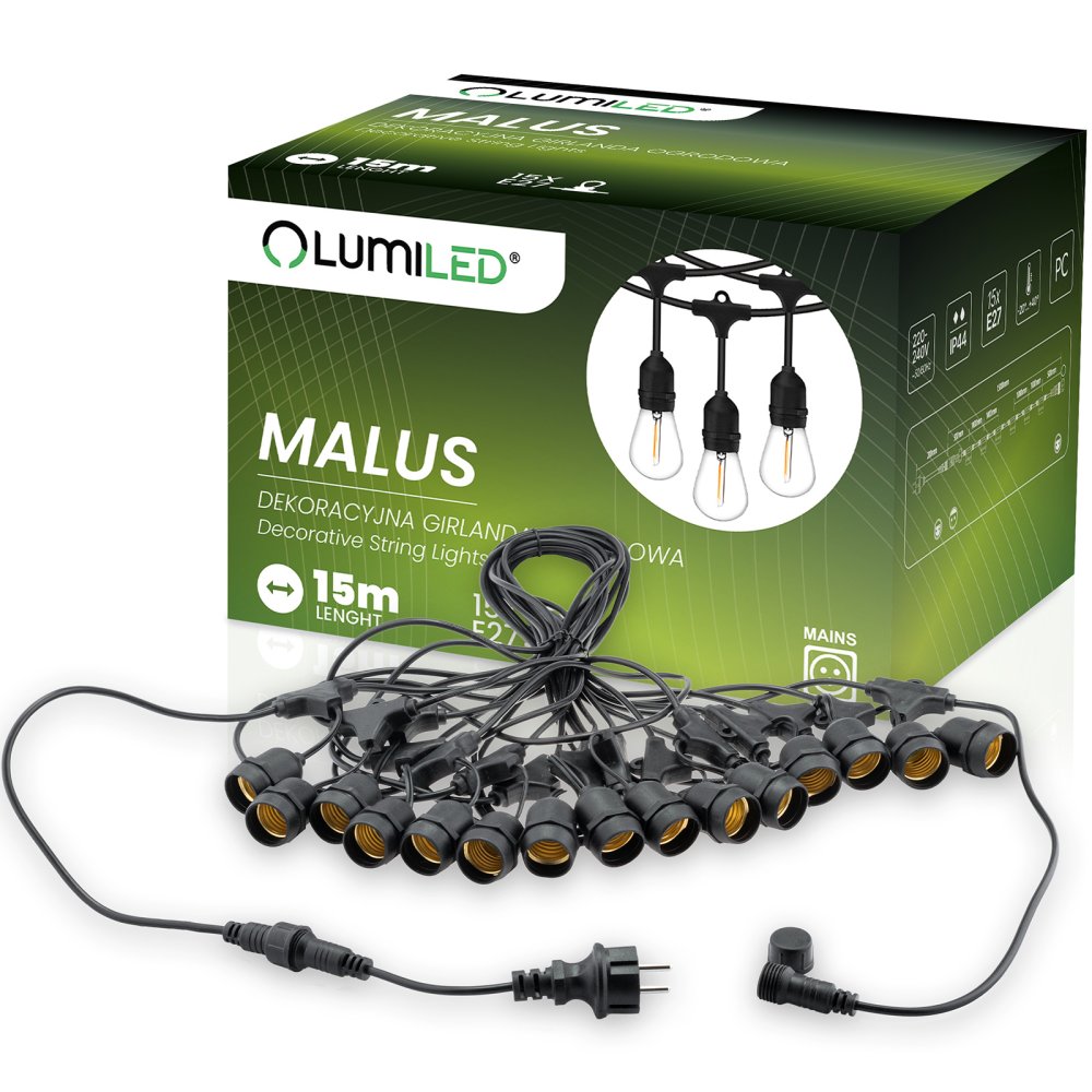 MALUS Vonkajšia záhradná svetelná reťaz 15 m 15x E27 Lumiled