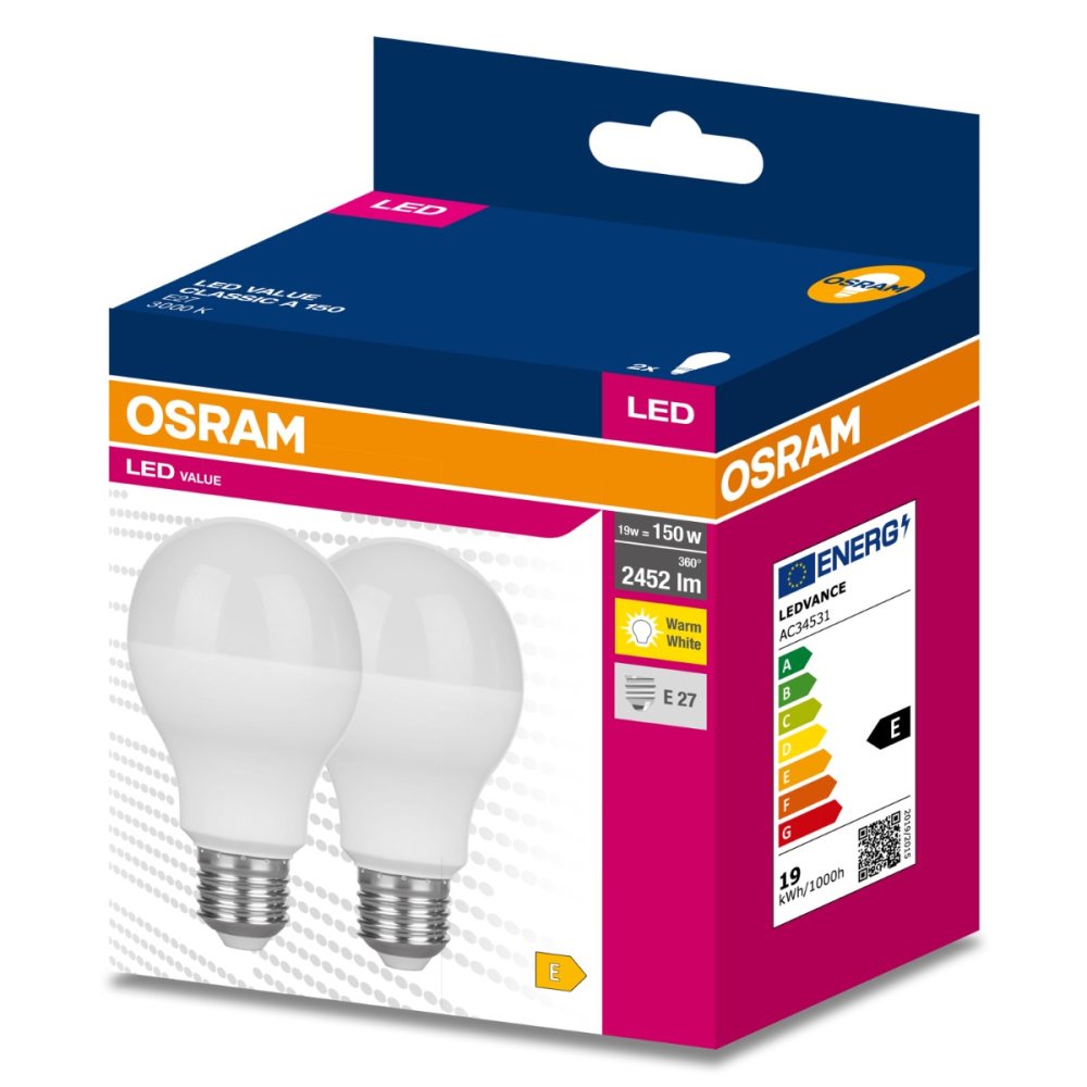 2PAK LED žiarovka E27 A60 19W = 150W 2452lm 3000K Warm 200° OSRAM VALUE