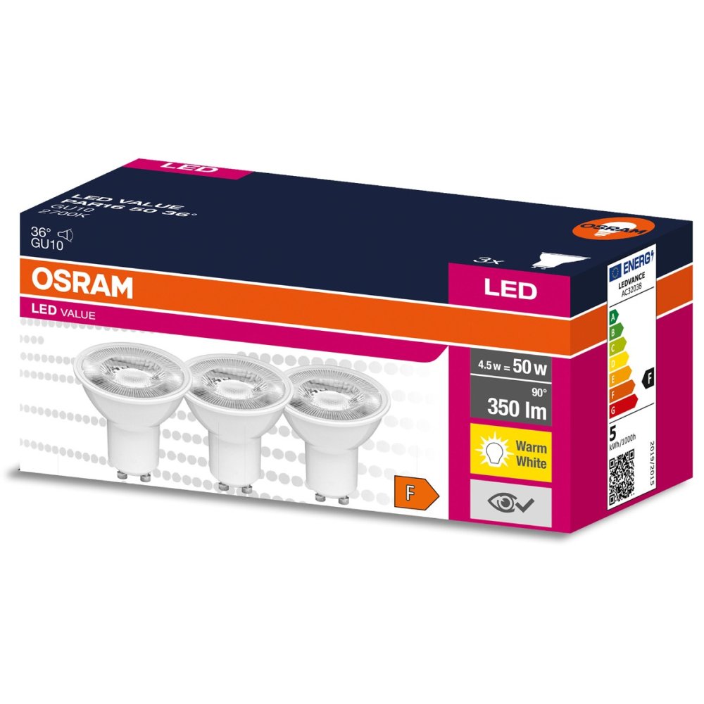 3PAK LED žiarovka GU10 4,5W = 50W 350lm 2700K Warm 36° OSRAM VALUE