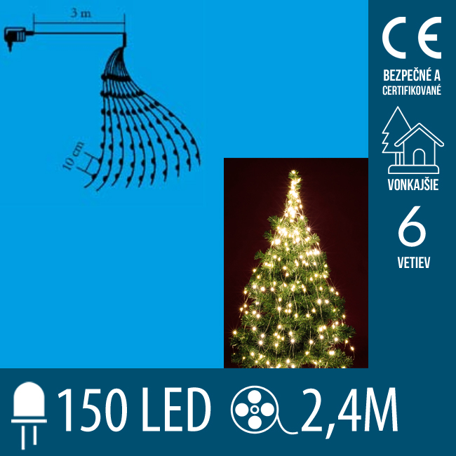 Vianočný led zväzok svietiacich reťazcov - 6 reťazcov po 25ks led - 2,4m - teplá biela
