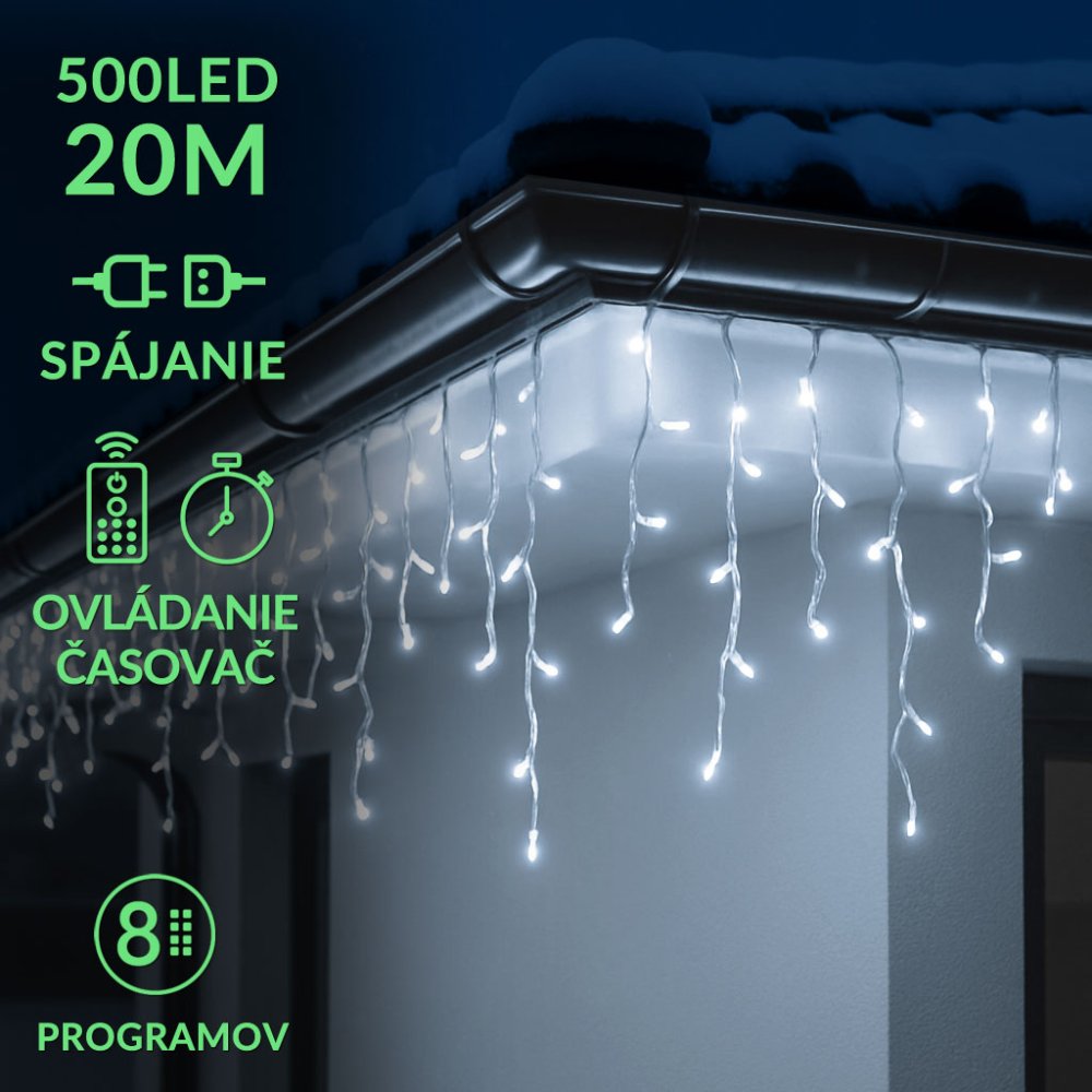 Vianočná led svetelná záclona na spájanie vonkajšia - programy - časovač + diaľkový ovládač - 500led - 20m studená biela