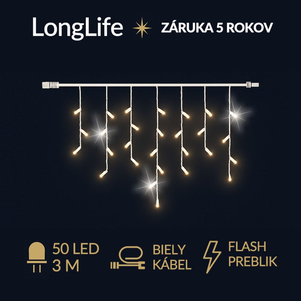 LongLife spojovateľná led svetelná záclona vonkajšia flash - 50led - 3m teplá biela / flash prebliknutie studená biela - biely kábel