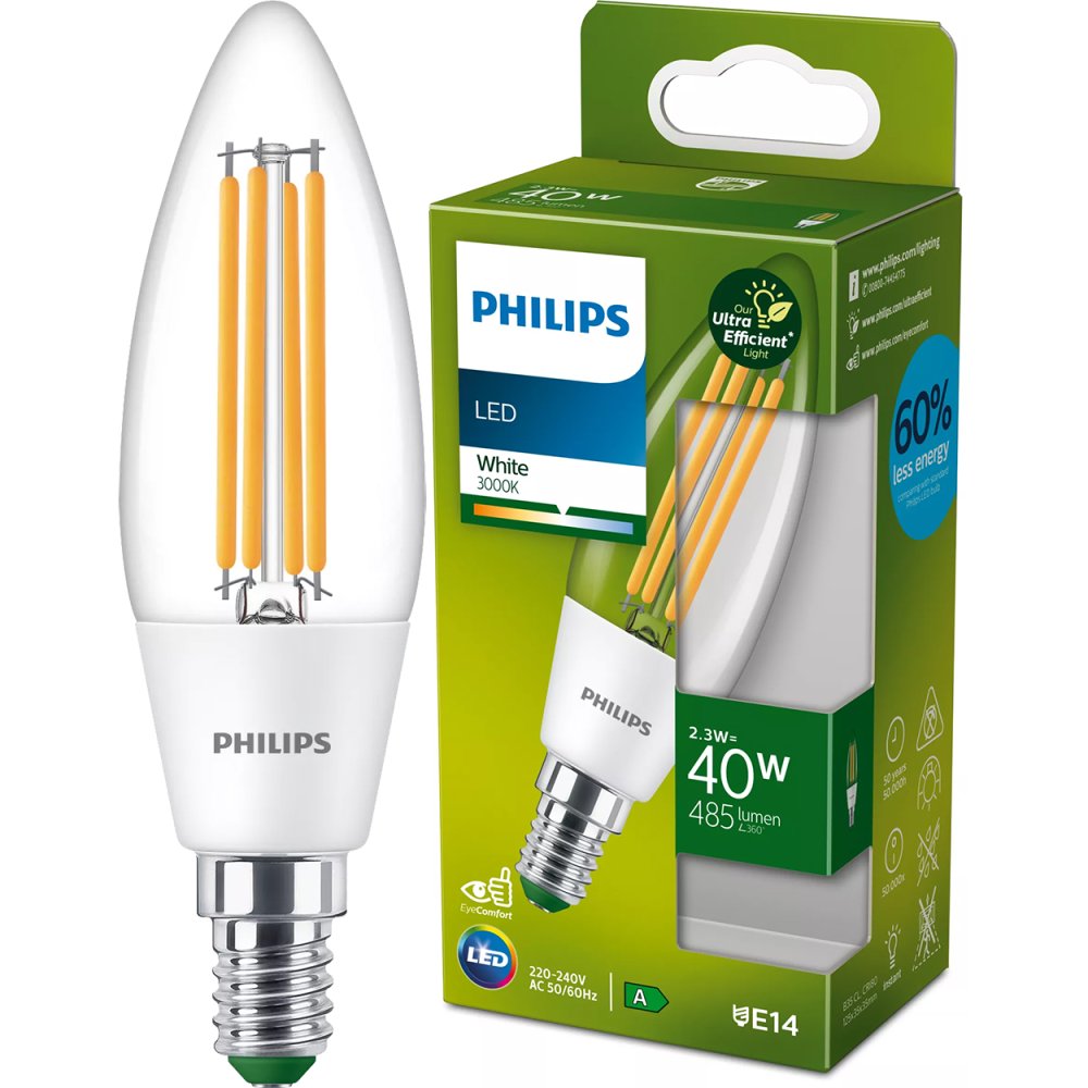 LED žiarovka E14 Candle B35 2,3W = 40W 485lm 210lm/W 3000K Warm 300° CLASS A UltraEfficient Philips