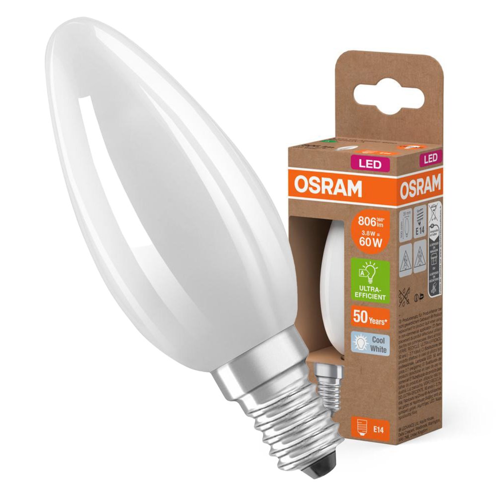 LED žiarovka B35 Candle E14 3,8W = 60W 806lm 4000K Neutral 330° 213lm/W CLASSIC ENERGETICKÁ ÚSPORNOSŤ Osram