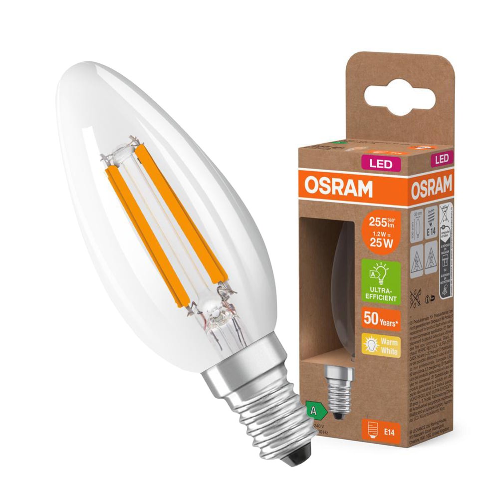 LED žiarovka B35 Candle E14 1,2W = 25W 255lm 2700K Warm 330° 213lm/W CLASSIC ENERGETICKÁ ÚSPORNOSŤ Osram