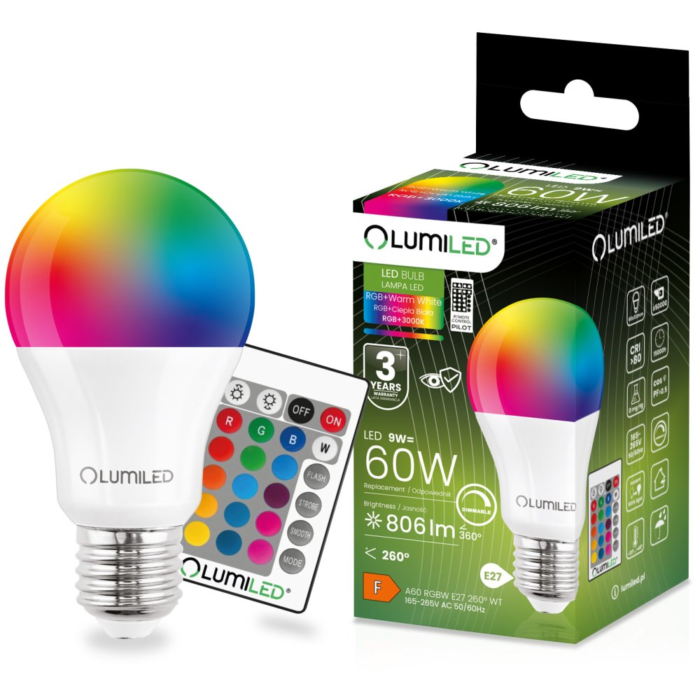 E-shop LED žiarovka E27 A60 9W = 60W 806lm 3000K + RGB Multicolour 260° Stmievateľná Pilot LUMILED