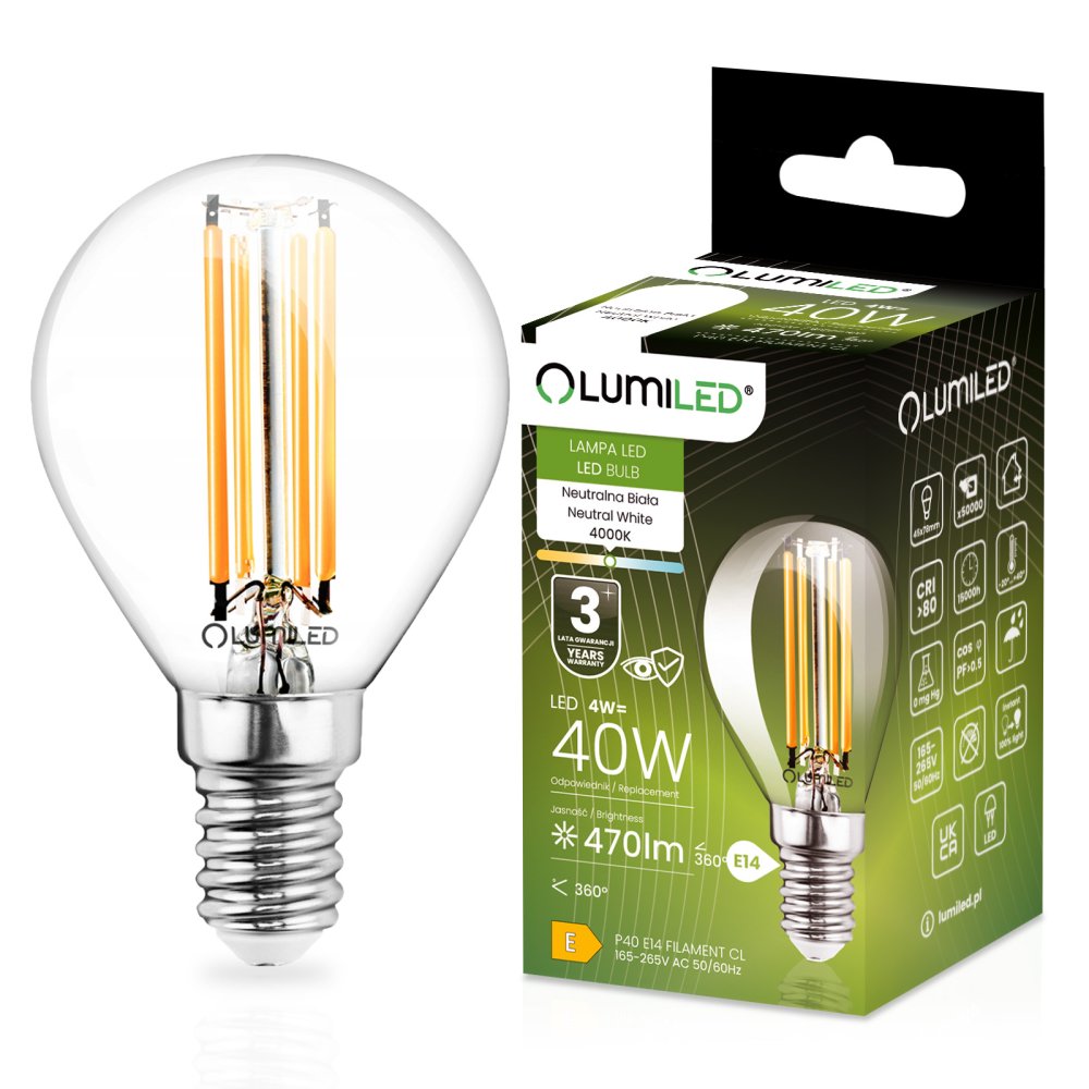 LED žiarovka E14 Ball P45 4W = 40W 470lm 4000K Neutral 360° FILAMENT LUMILED