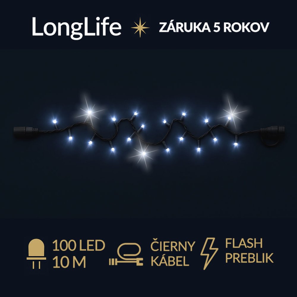 LongLife spojovateľná led svetelná reťaz vonkajšia flash - 100led - 10m studená biela/ flash prebliknutie studená biela