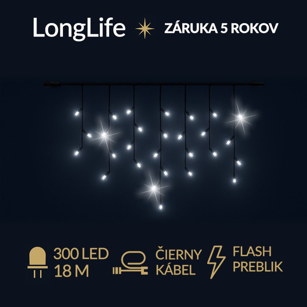 LongLife led svetelná záclona vonkajšia flash - 300led - 18m studená biela / flash prebliknutie studená biela - čierny kábel
