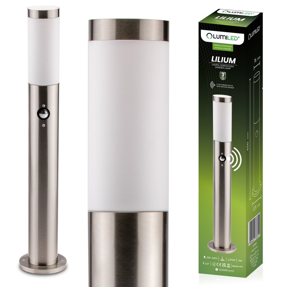 E-shop Záhradný stĺpik vonkajší E27 INOX 65cm so senzorom pohybu Lilium LUMILED