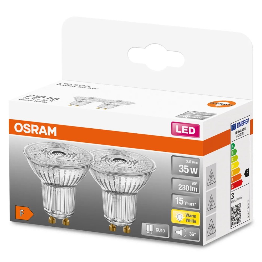 2x žiarovka LED GU10 2,6W = 35W 230lm 2700K Warm 36° OSRAM STAR
