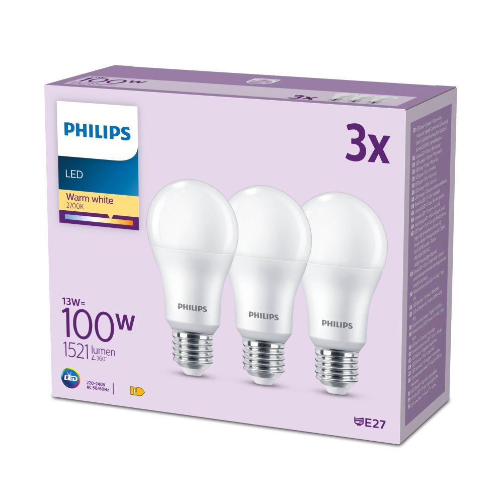 3x LED žiarovka E27 A65 13W = 100W 1521lm 2700K Warm 150° EC Multipack Philips